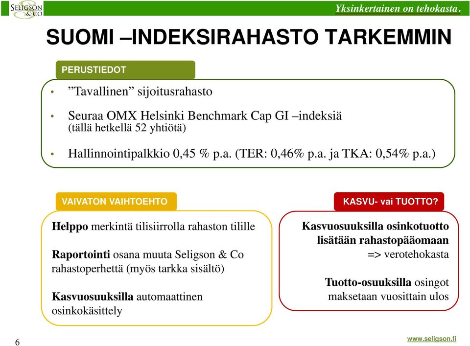 Helppo merkintä tilisiirrolla rahaston tilille Raportointi osana muuta Seligson & Co rahastoperhettä (myös tarkka sisältö) Kasvuosuuksilla