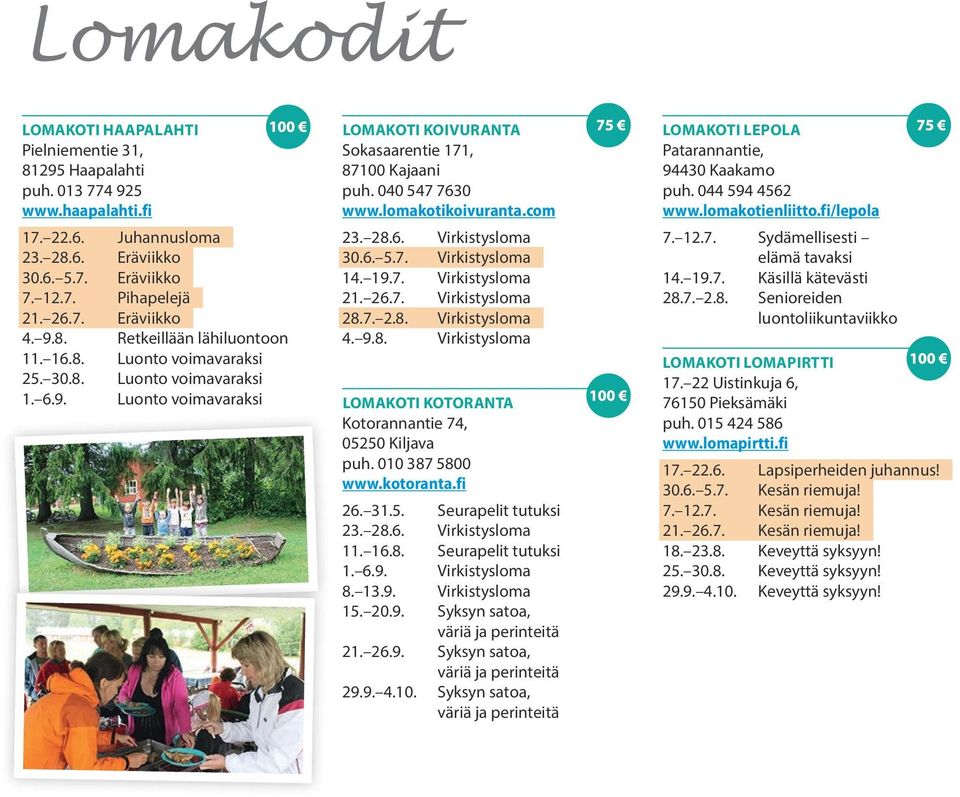 lomakotikoivuranta.com 23. 28.6. Virkistysloma 30.6. 5.7. Virkistysloma 14. 19.7. Virkistysloma 21. 26.7. Virkistysloma 28.7. 2.8. Virkistysloma 4. 9.8. Virkistysloma LOMAKOTI KOTORANTA Kotorannantie 74, 05250 Kiljava puh.