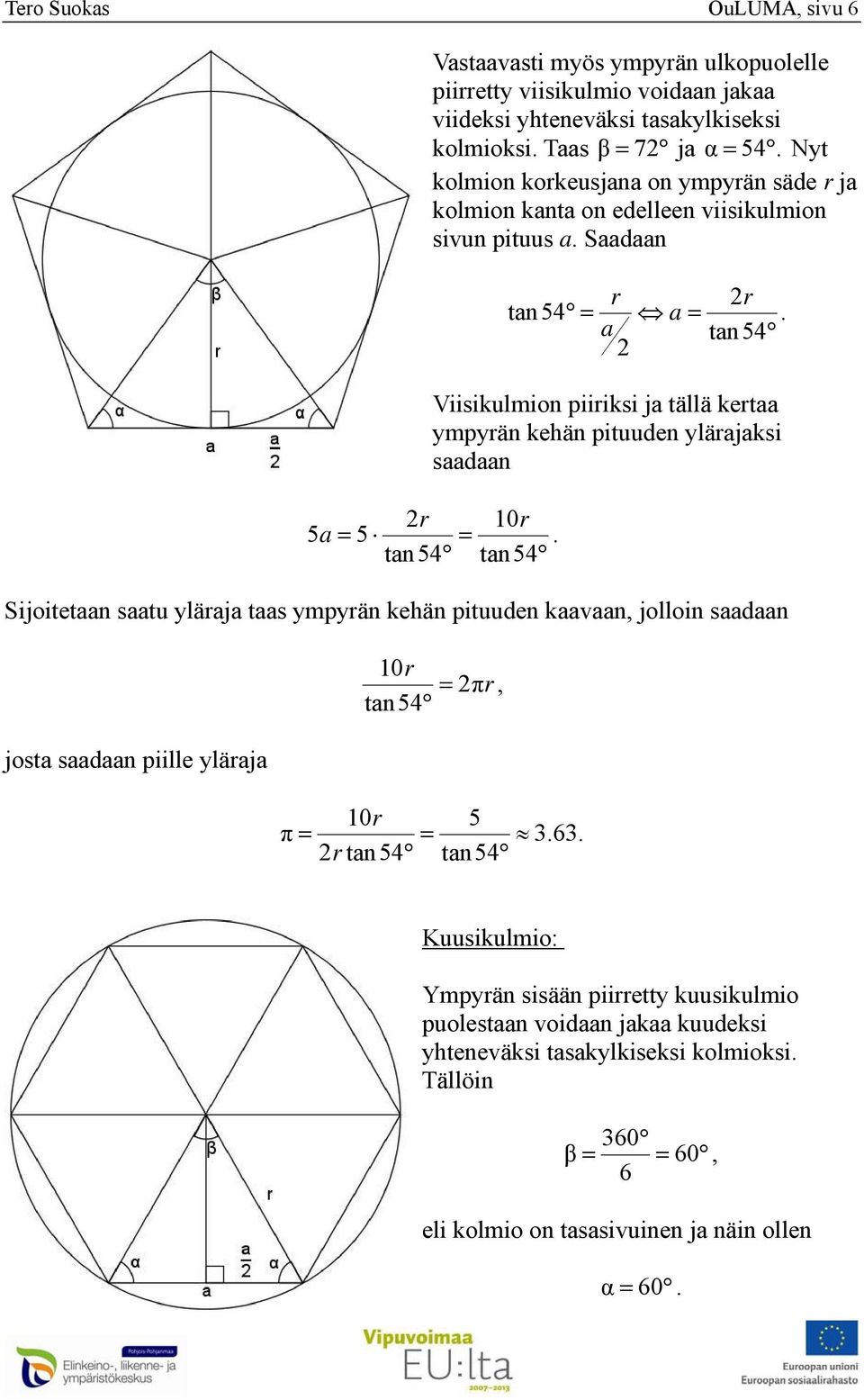 pituuden ylärajaksi saadaan r 10r 5a 5 Sijoitetaan saatu yläraja taas ympyrän kehän pituuden kaavaan jolloin saadaan josta saadaan piille yläraja 10r πr 10r π r 5 6