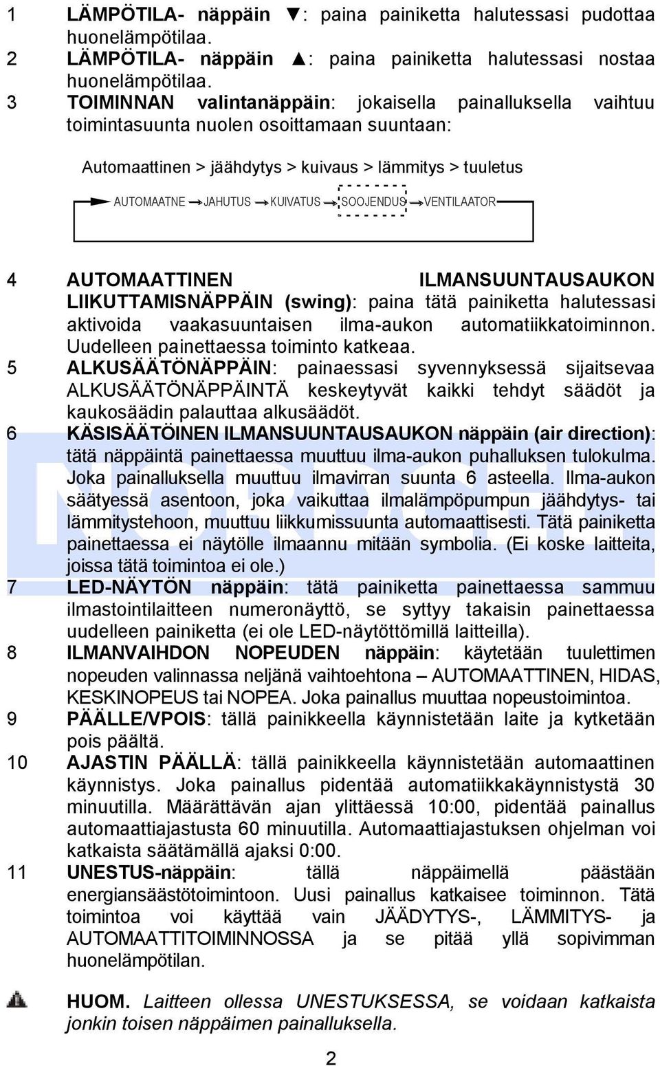 SOOJENDUS VENTILAATOR 4 AUTOMAATTINEN ILMANSUUNTAUSAUKON LIIKUTTAMISNÄPPÄIN (swing): paina tätä painiketta halutessasi aktivoida vaakasuuntaisen ilma-aukon automatiikkatoiminnon.