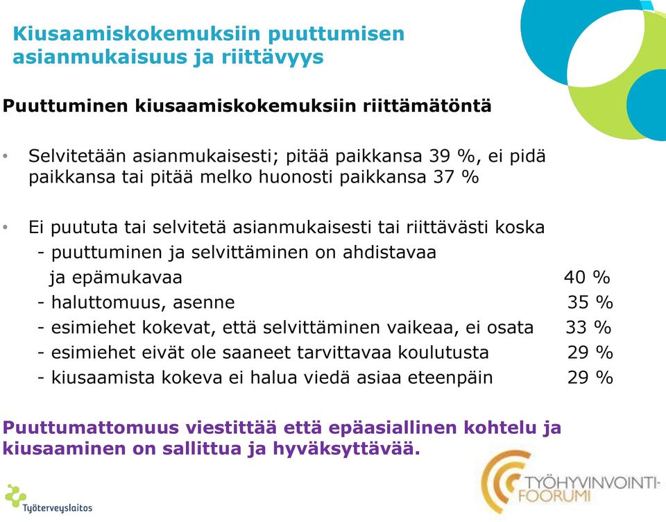 ja epämukavaa 40 % - haluttomuus, asenne 35 % - esimiehet kokevat, että selvittäminen vaikeaa, ei osata 33 % - esimiehet eivät ole saaneet tarvittavaa koulutusta