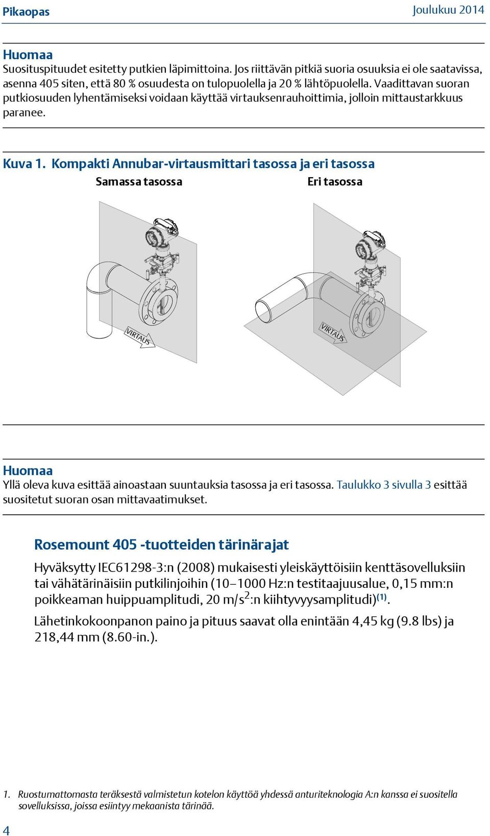 Vaadittavan suoran putkiosuuden lyhentämiseksi voidaan käyttää virtauksenrauhoittimia, jolloin mittaustarkkuus paranee. Kuva 1.