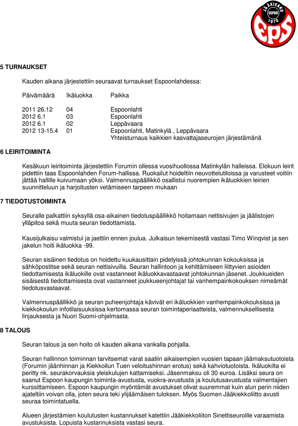 Elokuun leirit pidettiin taas Espoonlahden Forum-hallissa. Ruokailut hoideltiin neuvottelutiloissa ja varusteet voitiin jättää hallille kuivumaan yöksi.