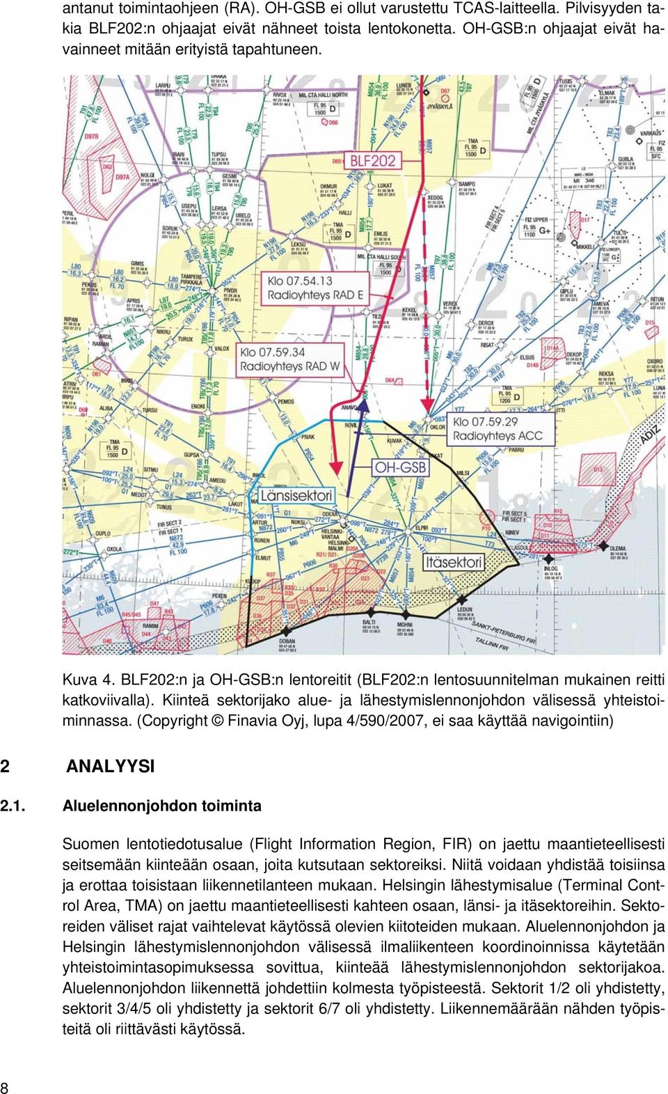 Kiinteä sektorijako alue- ja lähestymislennonjohdon välisessä yhteistoiminnassa. (Copyright Finavia Oyj, lupa 4/590/2007, ei saa käyttää navigointiin) 2 ANALYYSI 2.1.