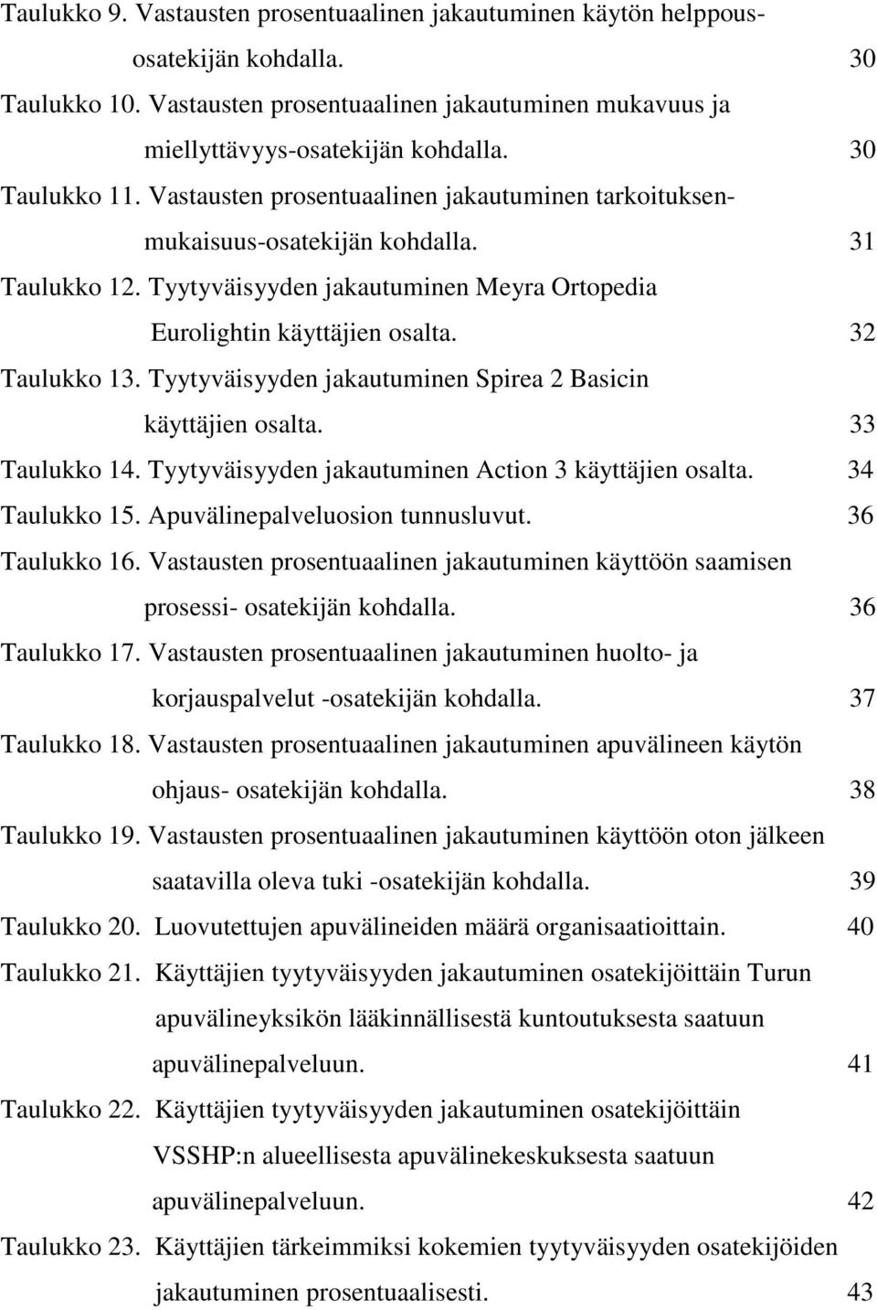 32 Taulukko 13. Tyytyväisyyden jakautuminen Spirea 2 Basicin käyttäjien osalta. 33 Taulukko 14. Tyytyväisyyden jakautuminen Action 3 käyttäjien osalta. 34 Taulukko 15.