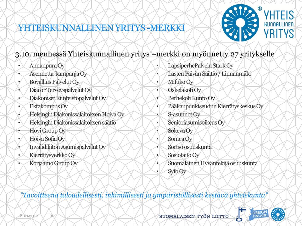 Oy Helsingin Diakonissalaitoksen Hoiva Oy Helsingin Diakonissalaitoksen säätiö Hovi Group Oy Hoiva Sofia Oy Invalidiliiton Asumispalvelut Oy Kierrätysverkko Oy Korjaamo Group Oy LapsiperhePalvelu