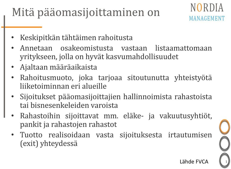 alueille Sijoitukset pääomasijoittajien hallinnoimista rahastoista tai bisnesenkeleiden varoista Rahastoihin sijoittavat mm.