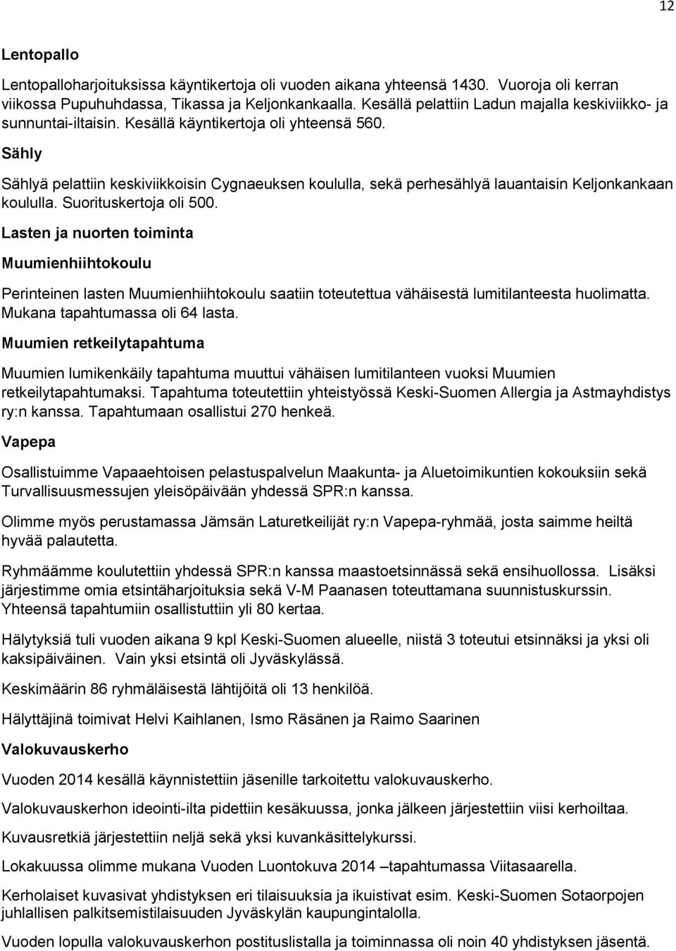 Sähly Sählyä pelattiin keskiviikkoisin Cygnaeuksen koululla, sekä perhesählyä lauantaisin Keljonkankaan koululla. Suorituskertoja oli 500.