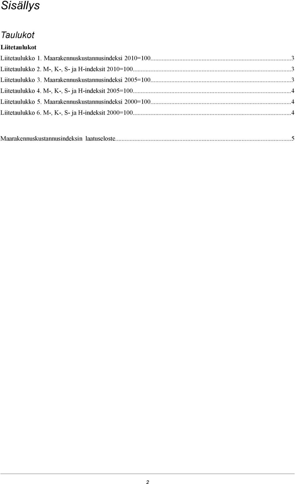 ..3 Liitetaulukko 4. M-, K-, S- ja H-indeksit 2005=100...4 Liitetaulukko 5.