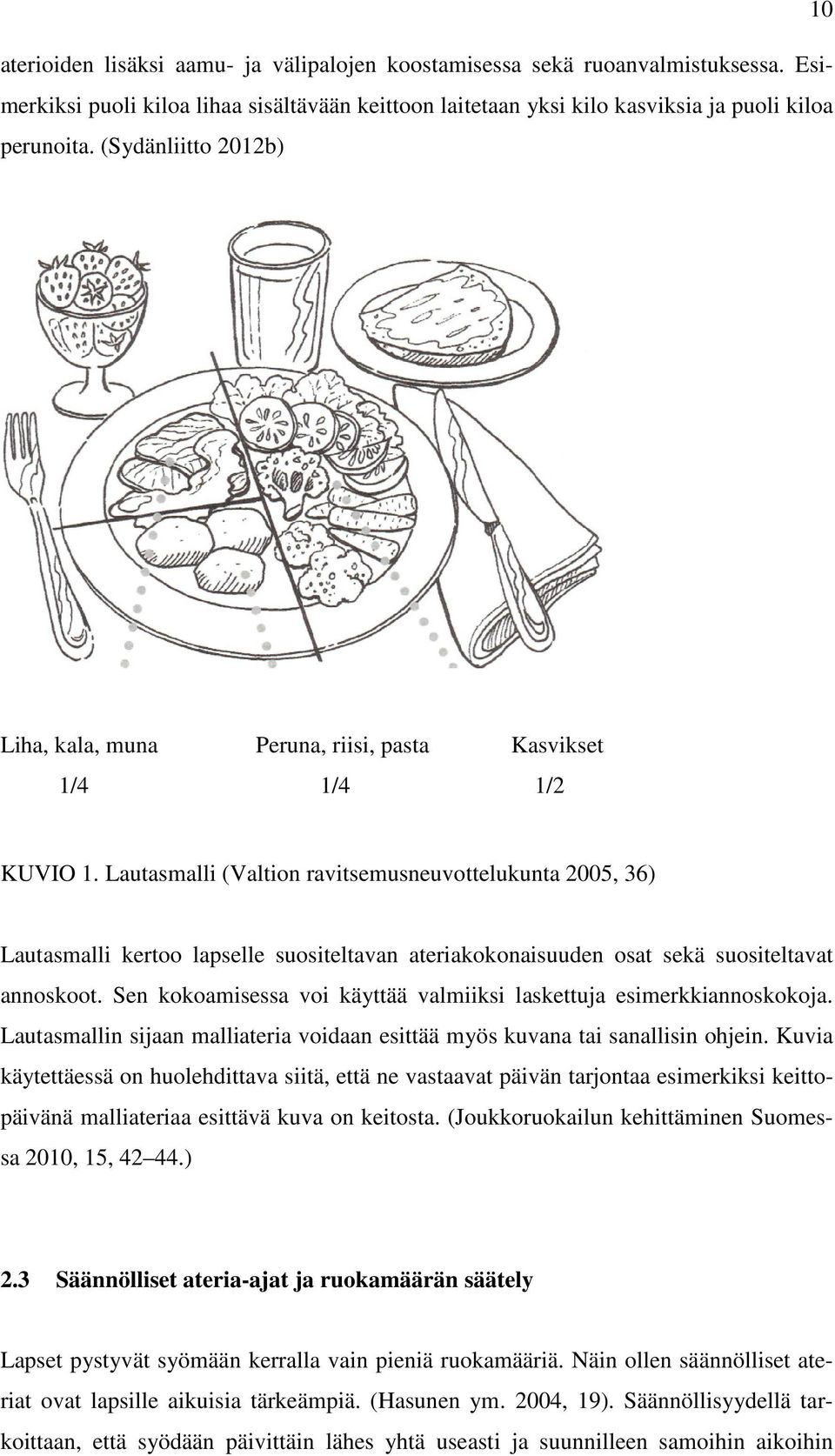 Lautasmalli (Valtion ravitsemusneuvottelukunta 2005, 36) Lautasmalli kertoo lapselle suositeltavan ateriakokonaisuuden osat sekä suositeltavat annoskoot.