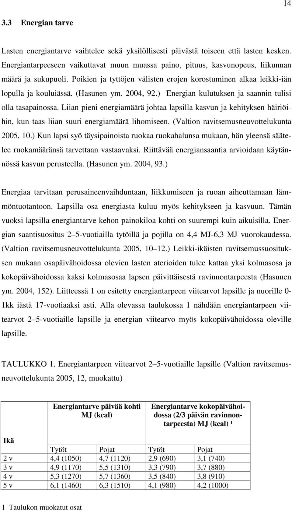 (Hasunen ym. 2004, 92.) Energian kulutuksen ja saannin tulisi olla tasapainossa. Liian pieni energiamäärä johtaa lapsilla kasvun ja kehityksen häiriöihin, kun taas liian suuri energiamäärä lihomiseen.