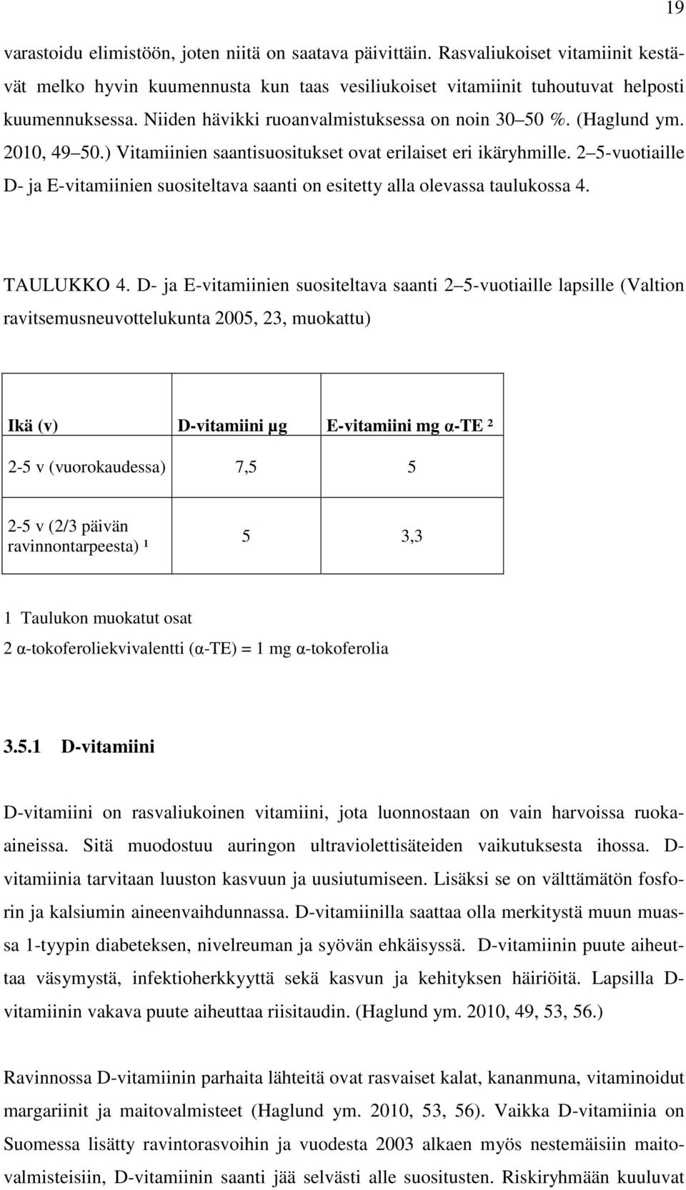 2 5-vuotiaille D- ja E-vitamiinien suositeltava saanti on esitetty alla olevassa taulukossa 4. TAULUKKO 4.