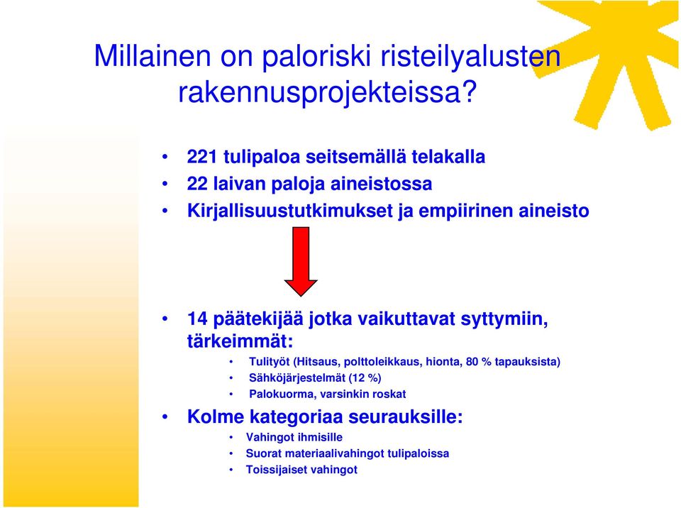 14 päätekijää jotka vaikuttavat syttymiin, tärkeimmät: Tulityöt (Hitsaus, polttoleikkaus, hionta, 80 %