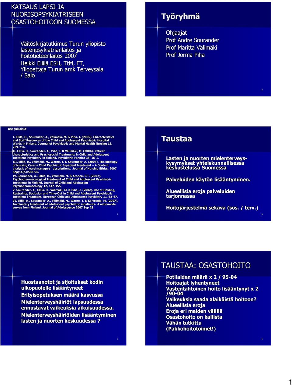 Characteristics and Staff Resources of the Child and Adolescent Psychiatric Hospital Wards in Finland. Journal of Psychiatric and Mental Health Nursing 12, 29-214. II. Ellilä, H., Sourander, A.