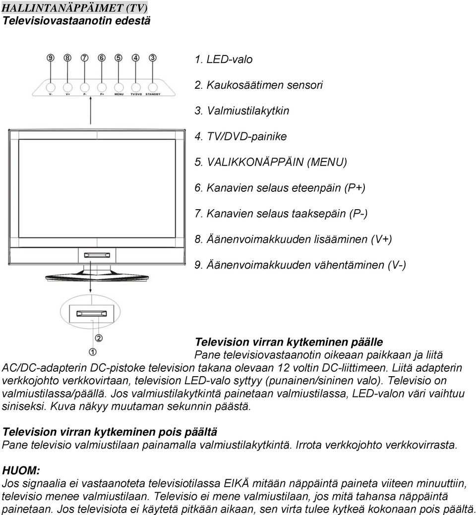 Äänenvoimakkuuden vähentäminen (V-) Television virran kytkeminen päälle Pane televisiovastaanotin oikeaan paikkaan ja liitä AC/DC-adapterin DC-pistoke television takana olevaan 12 voltin