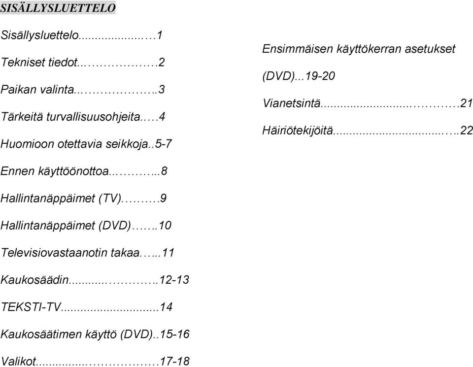 .. 21 Häiriötekijöitä....22 Ennen käyttöönottoa.....8 Hallintanäppäimet (TV). 9 Hallintanäppäimet (DVD).