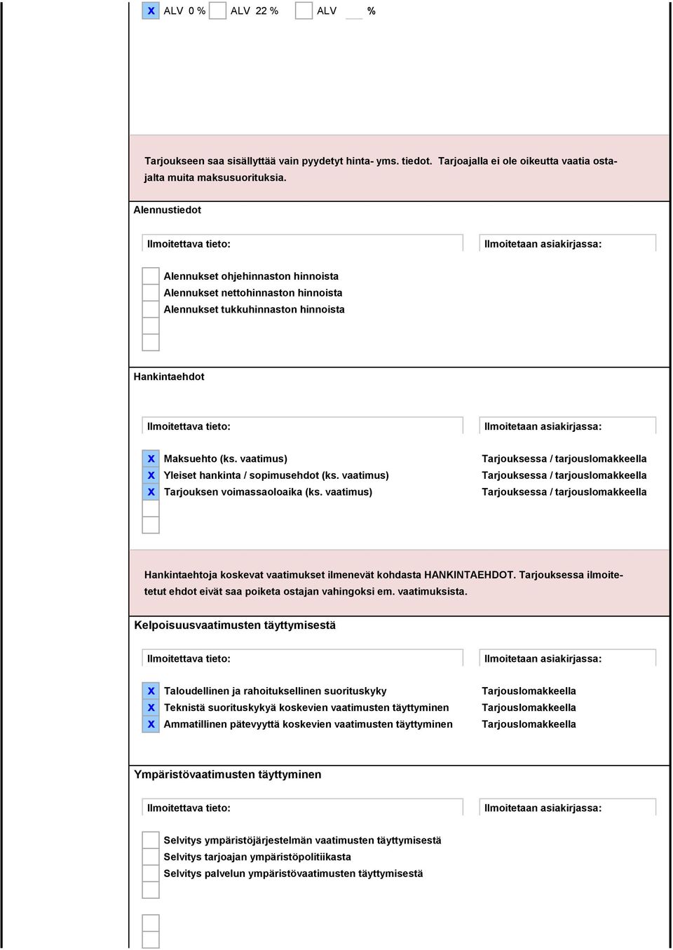 tieto: Ilmoitetaan asiakirjassa: x Maksuehto (ks. vaatimus) x Yleiset hankinta / sopimusehdot (ks. vaatimus) x Tarjouksen voimassaoloaika (ks.