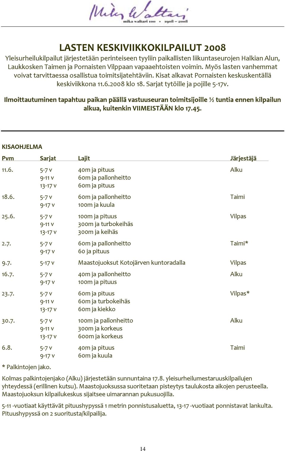 Ilmoittautuminen tapahtuu paikan päällä vastuuseuran toimitsijoille ½ tuntia ennen kilpailun alkua, kuitenkin VIIMEISTÄÄN klo 17.45. KISAOHJELMA Pvm Sarjat Lajit Järjestäjä 11.6.