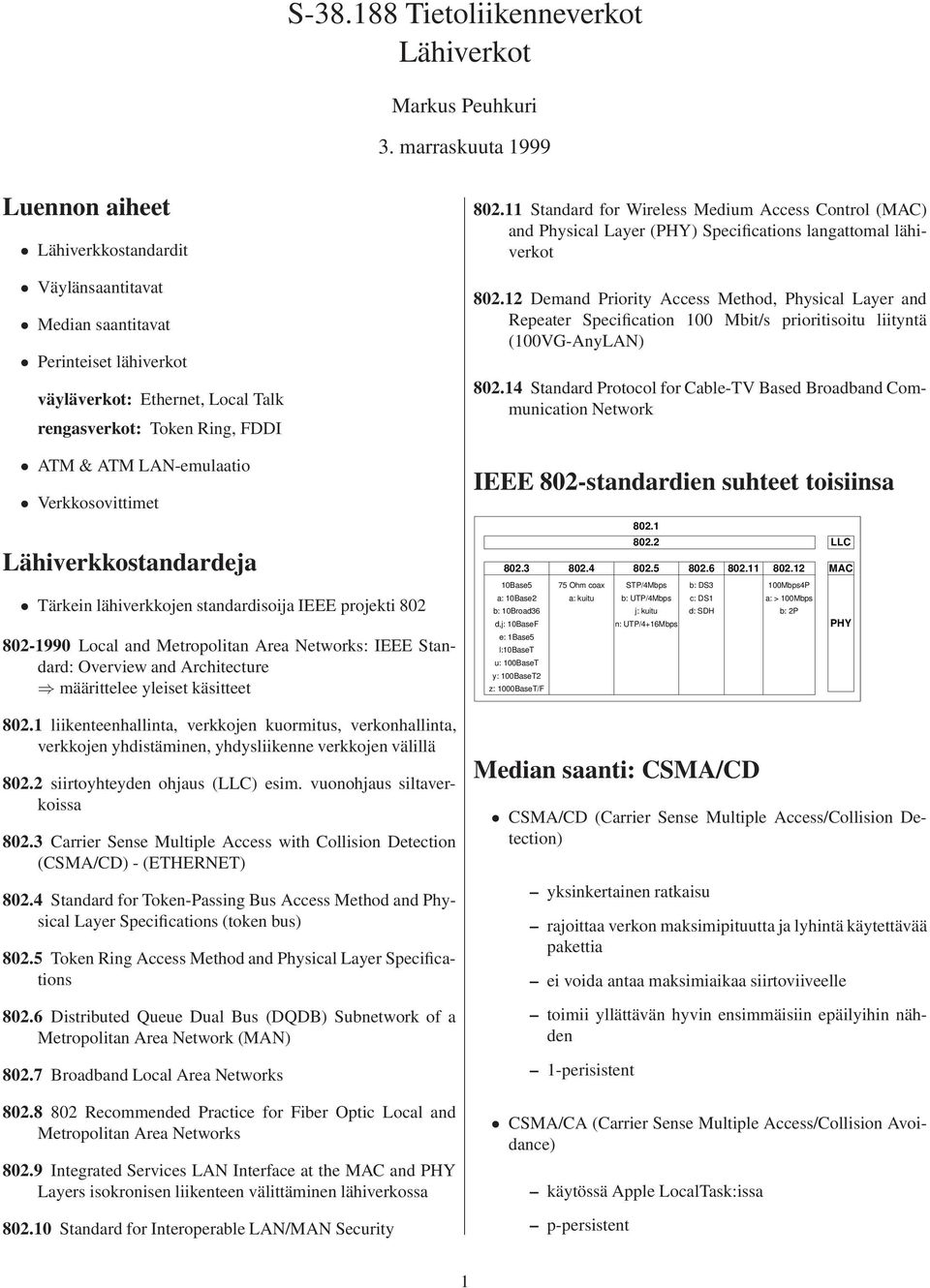 Verkkosovittimet Lähiverkkostandardeja Tärkein lähiverkkojen standardisoija IEEE projekti 802 802-1990 Local and Metropolitan rea Networks: IEEE Standard: Overview and rchitecture määrittelee yleiset