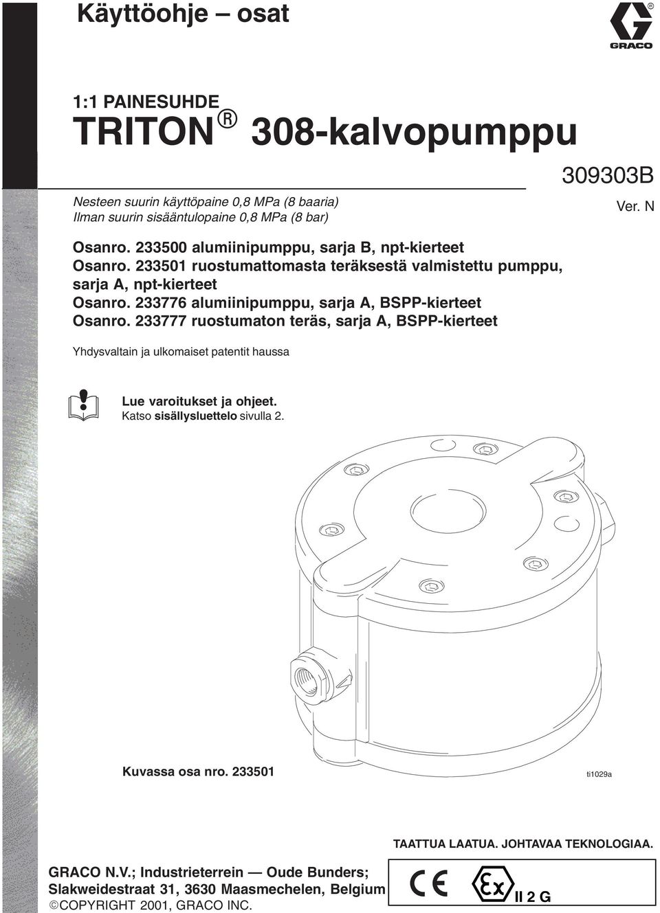 33776 alumiinipumppu, sarja A, BSPP-kierteet Osanro. 33777 ruostumaton teräs, sarja A, BSPP-kierteet Yhdysvaltain ja ulkomaiset patentit haussa 309303B Ver.