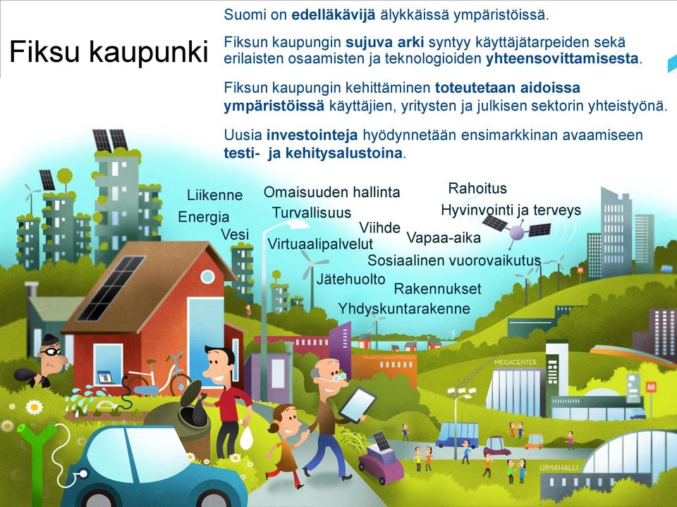 Fiksun kaupungin kehittäminen toteutetaan aidoissa ympäristöissä käyttäjien, yritysten ja julkisen sektorin yhteistyönä.