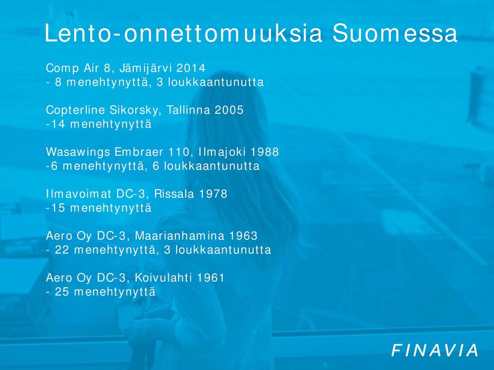 menehtynyttä, 6 loukkaantunutta Ilmavoimat DC-3, Rissala 1978-15 menehtynyttä Aero Oy DC-3,