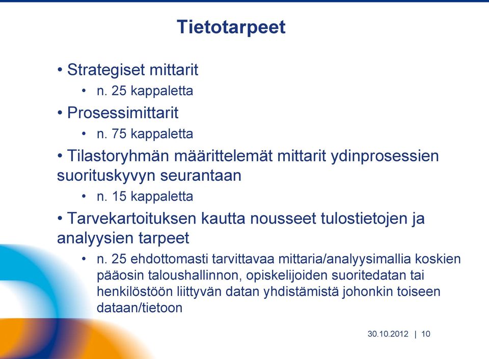 15 kappaletta Tarvekartoituksen kautta nousseet tulostietojen ja analyysien tarpeet n.