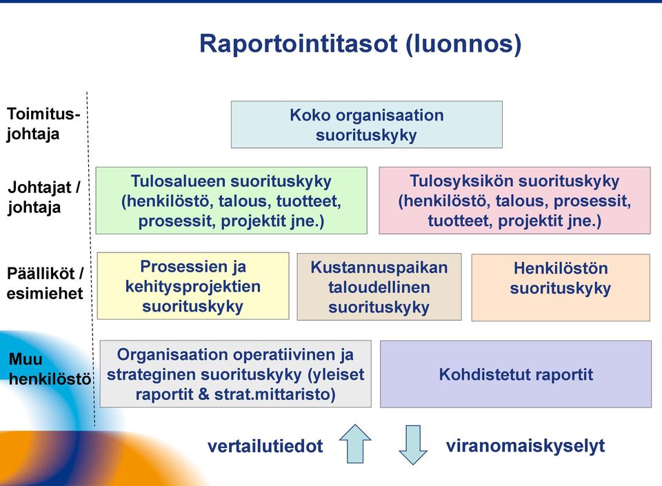 ) Päälliköt / esimiehet Prosessien ja kehitysprojektien suorituskyky Kustannuspaikan taloudellinen suorituskyky Henkilöstön suorituskyky