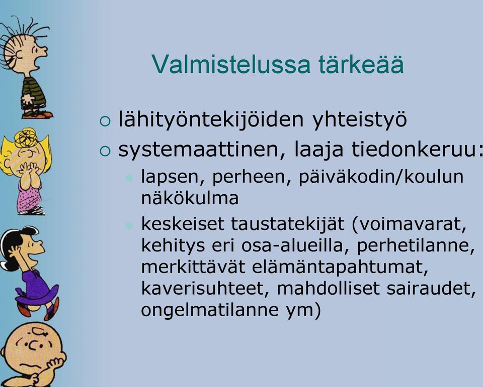 taustatekijät (voimavarat, kehitys eri osa-alueilla, perhetilanne,