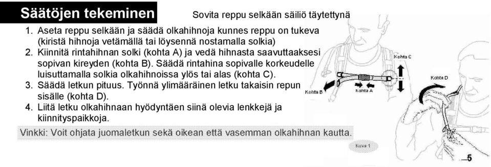 Kiinnitä rintahihnan solki (kohta A) ja vedä hihnasta saavuttaaksesi sopivan kireyden (kohta B).