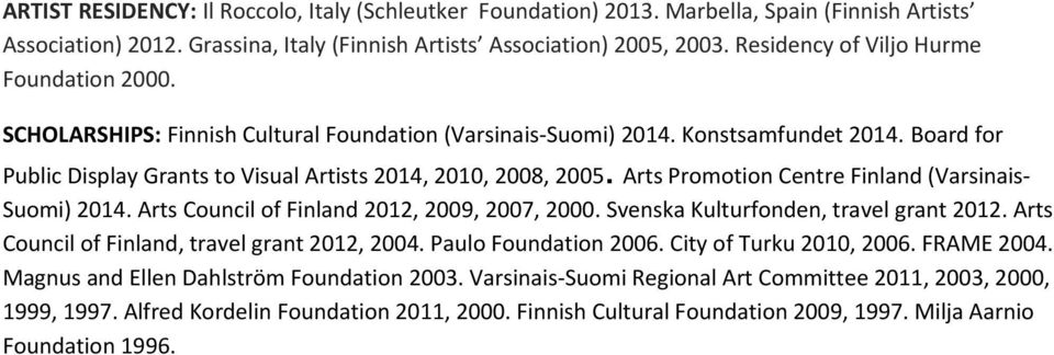 Board for Public Display Grants to Visual Artists 2014, 2010, 2008, 2005. Arts Promotion Centre Finland (Varsinais- Suomi) 2014. Arts Council of Finland 2012, 2009, 2007, 2000.