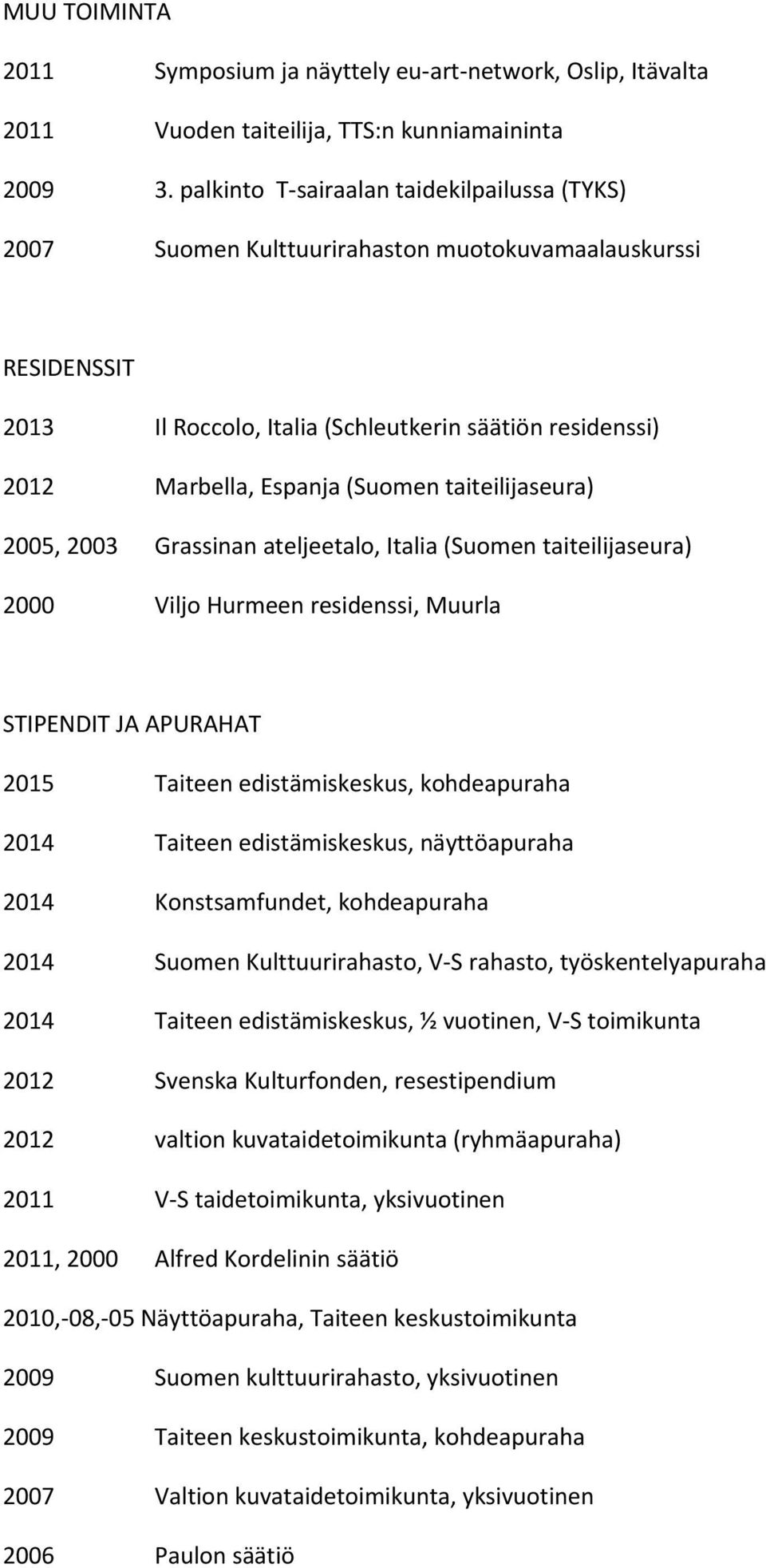 taiteilijaseura) 2005, 2003 Grassinan ateljeetalo, Italia (Suomen taiteilijaseura) 2000 Viljo Hurmeen residenssi, Muurla STIPENDIT JA APURAHAT 2015 Taiteen edistämiskeskus, kohdeapuraha 2014 Taiteen