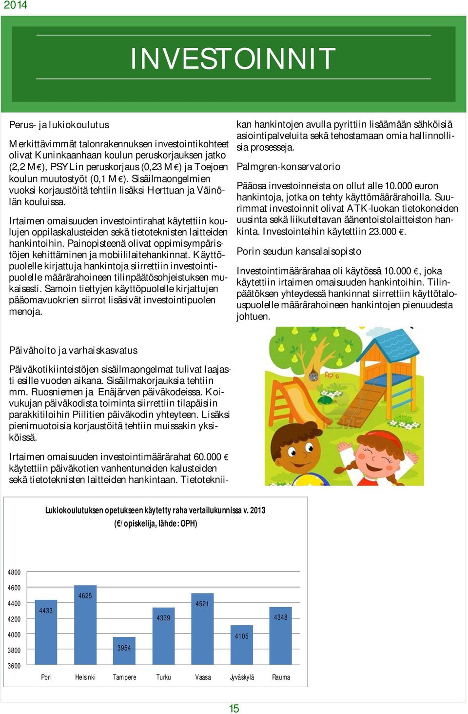 Irtaimen omaisuuden investointirahat käytettiin koulujen oppilaskalusteiden sekä tietoteknisten laitteiden hankintoihin. Painopisteenä olivat oppimisympäristöjen kehittäminen ja mobiililaitehankinnat.