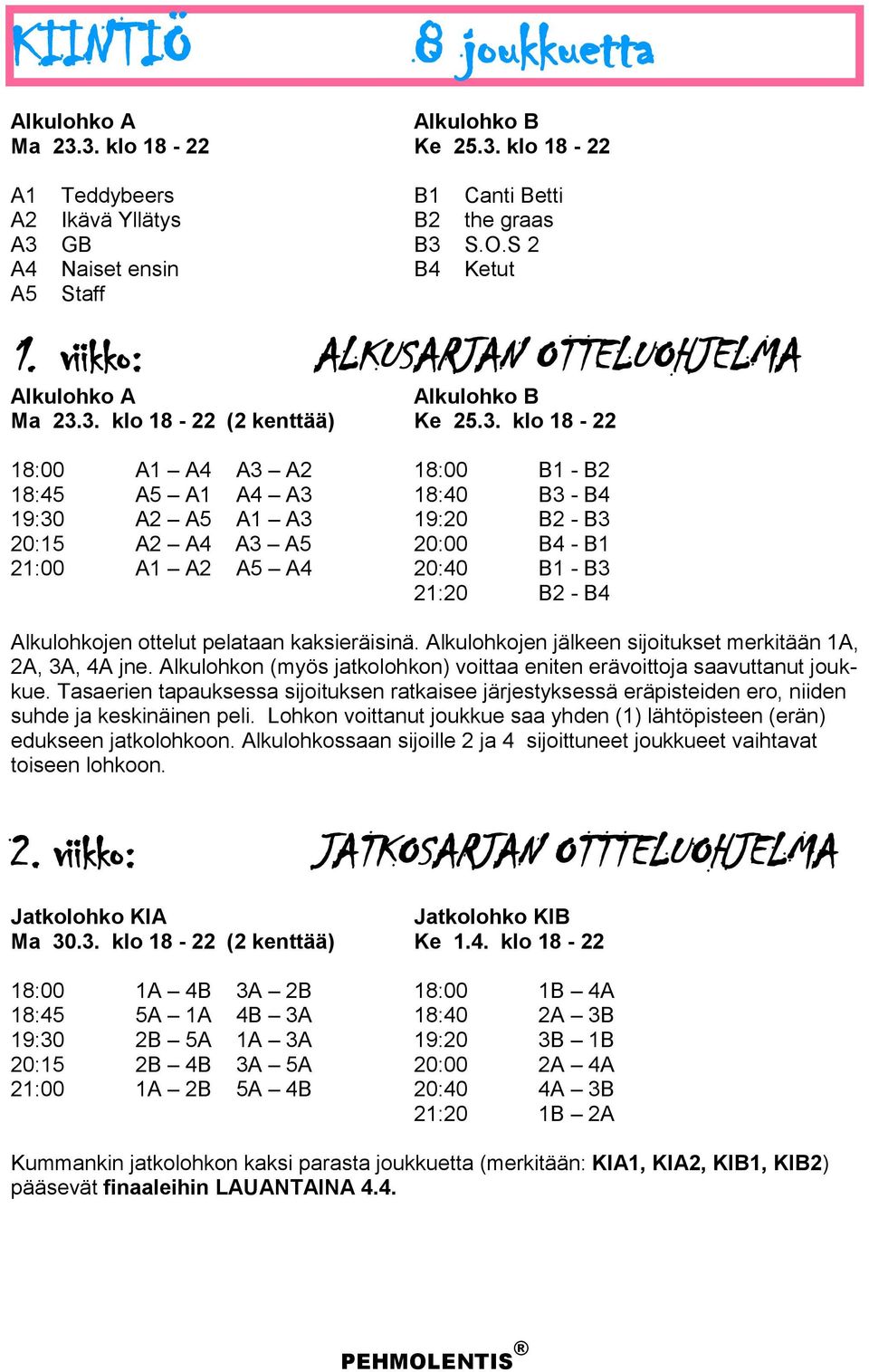 3. klo 18-22 (2 kenttää) Ke 25.3. klo 18-22 18:00 A1 A4 A3 A2 18:00 B1 - B2 18:45 A5 A1 A4 A3 18:40 B3 - B4 19:30 A2 A5 A1 A3 19:20 B2 - B3 20:15 A2 A4 A3 A5 20:00 B4 - B1 21:00 A1 A2 A5 A4 20:40 B1