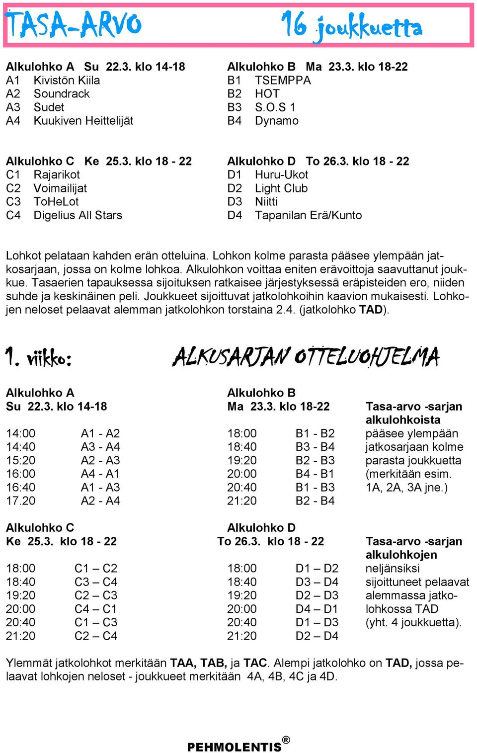 Lohkon kolme parasta pääsee ylempään jatkosarjaan, jossa on kolme lohkoa. Alkulohkon voittaa eniten erävoittoja saavuttanut joukkue.