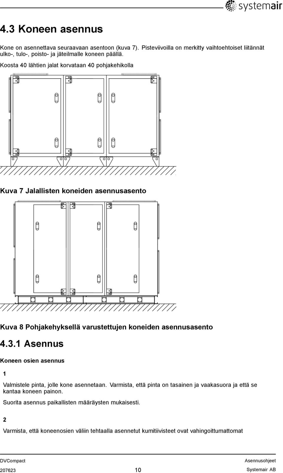 Koosta 40 lähtien jalat korvataan 40 pohjakehikolla Kuva 7 Jalallisten koneiden asennusasento Kuva 8 Pohjakehyksellä varustettujen koneiden asennusasento 4.3.