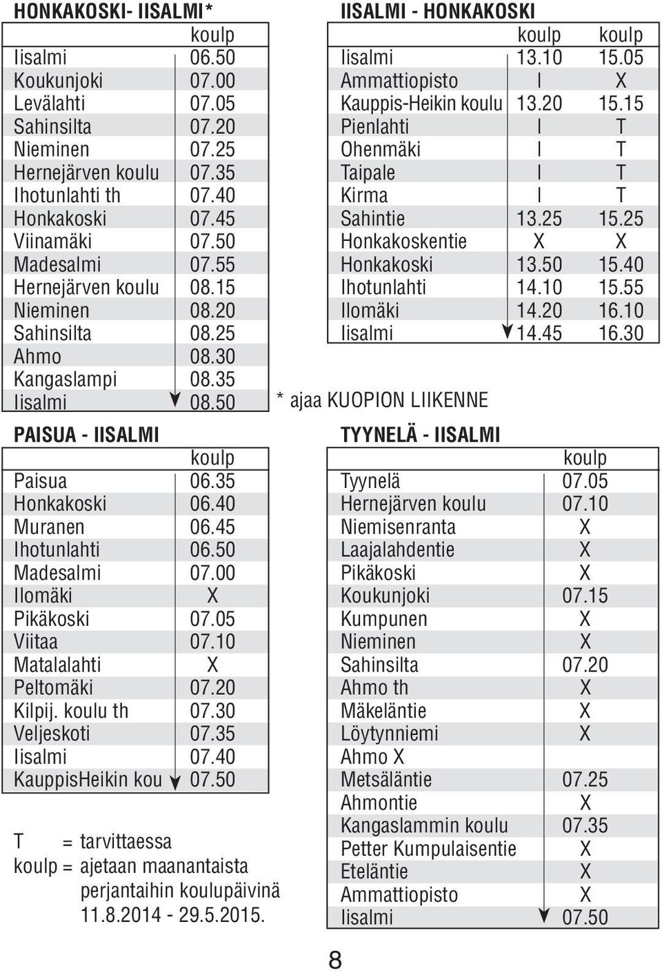 55 Honkakoski 13.50 15.40 Hernejärven koulu 08.15 Ihotunlahti 14.10 15.55 Nieminen 08.20 Ilomäki 14.20 16.10 Sahinsilta 08.25 Iisalmi 14.45 16.30 Ahmo 08.30 Kangaslampi 08.35 Iisalmi 08.