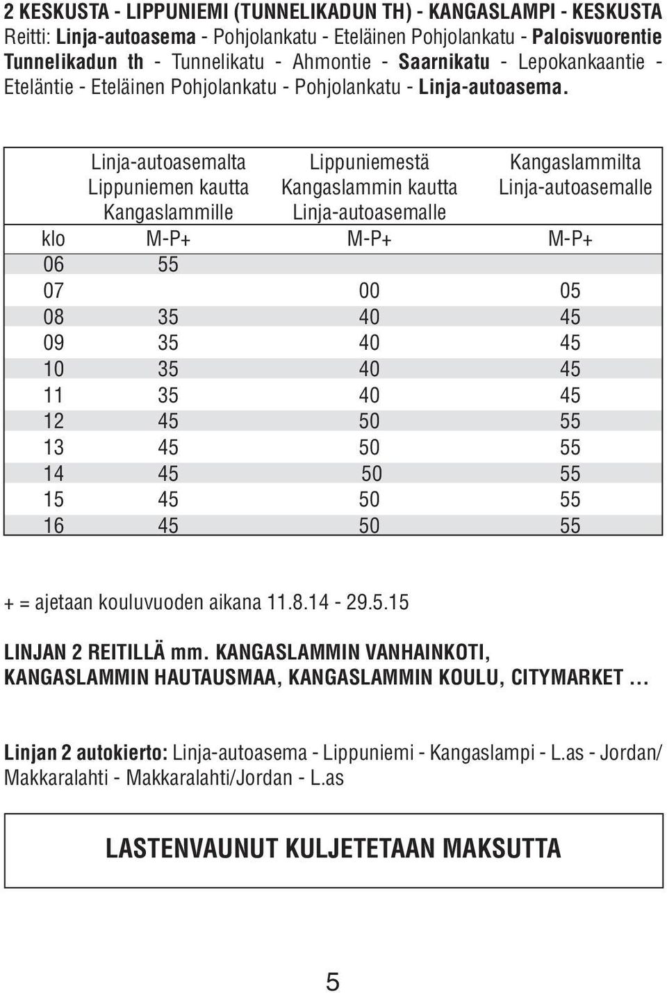 Linja-autoasemalta Lippuniemestä Kangaslammilta Lippuniemen kautta Kangaslammin kautta Linja-autoasemalle Kangaslammille Linja-autoasemalle klo M-P+ M-P+ M-P+ 06 55 07 00 05 08 35 40 45 09 35 40 45