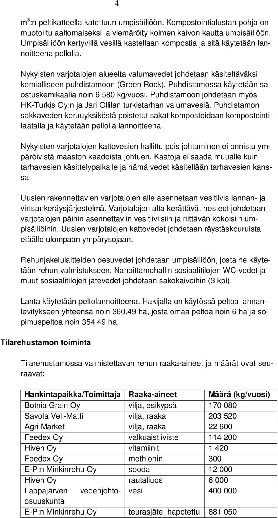 Nykyisten varjotalojen alueelta valumavedet johdetaan käsiteltäväksi kemialliseen puhdistamoon (Green Rock). Puhdistamossa käytetään saostuskemikaalia noin 6 580 kg/vuosi.