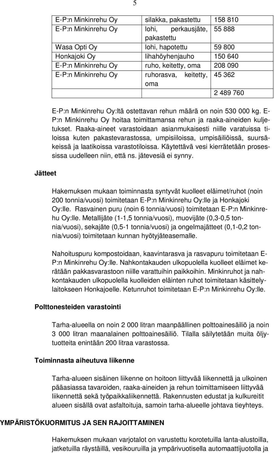 E- P:n Minkinrehu Oy hoitaa toimittamansa rehun ja raaka-aineiden kuljetukset.