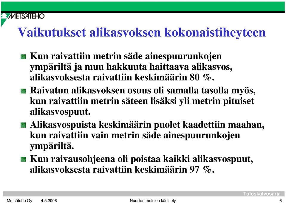 Raivatun alikasvoksen osuus oli samalla tasolla myös, kun raivattiin metrin säteen lisäksi yli metrin pituiset alikasvospuut.