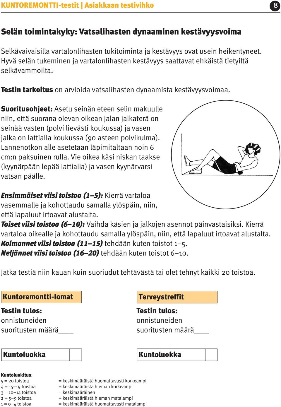 Suoritusohjeet: Asetu seinän eteen selin makuulle niin, että suorana olevan oikean jalan jalkaterä on seinää vasten (polvi lievästi koukussa) ja vasen jalka on lattialla koukussa (90 asteen