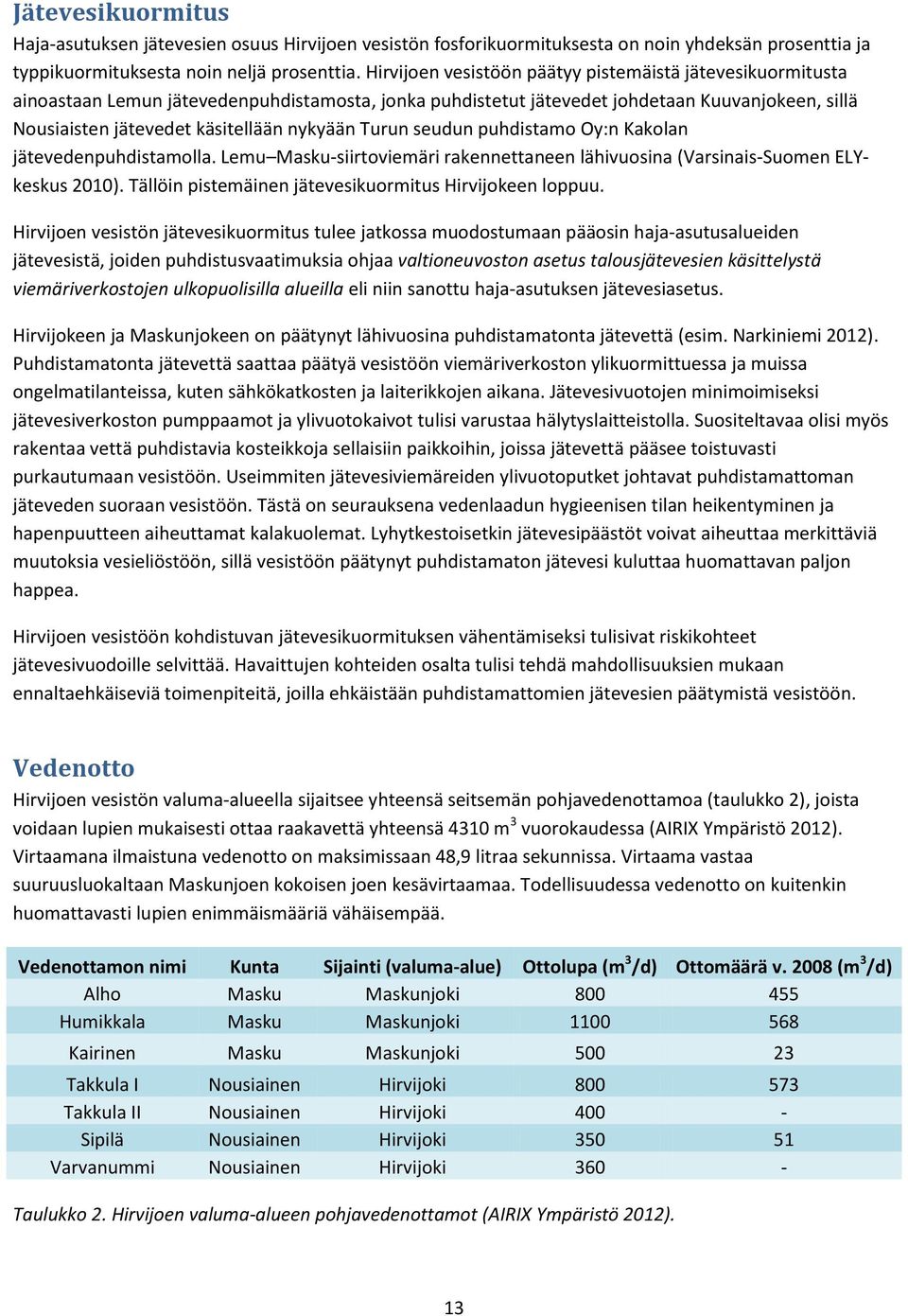 Turun seudun puhdistamo Oy:n Kakolan jätevedenpuhdistamolla. Lemu Masku-siirtoviemäri rakennettaneen lähivuosina (Varsinais-Suomen ELYkeskus 2010).