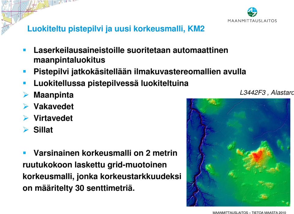 luokiteltuina Maanpinta Vakavedet Virtavedet Sillat L3442F3, Alastaro Varsinainen korkeusmalli on 2