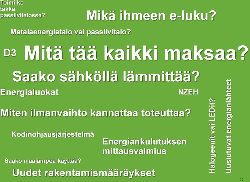 Saako sähköllä lämmittää? Energialuokat NZEH Miten ilmanvaihto kannattaa toteuttaa?