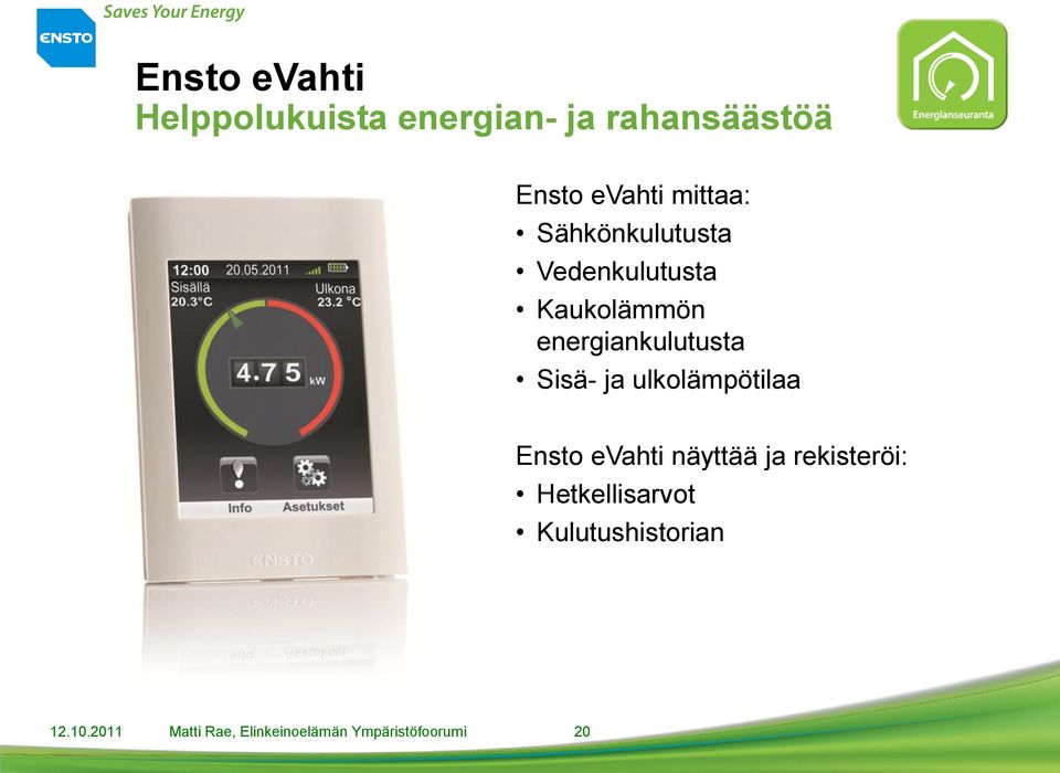 Sisä- ja ulkolämpötilaa Ensto evahti näyttää ja rekisteröi: