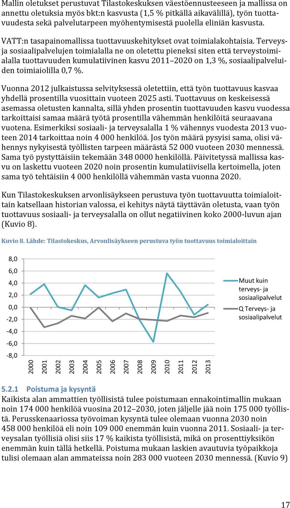 Terveysja sosiaalipalvelujen toimialalla ne on oletettu pieneksi siten että terveystoimialalla tuottavuuden kumulatiivinen kasvu 2011 2020 on 1,3 %, sosiaalipalveluiden toimiaiolilla 0,7 %.