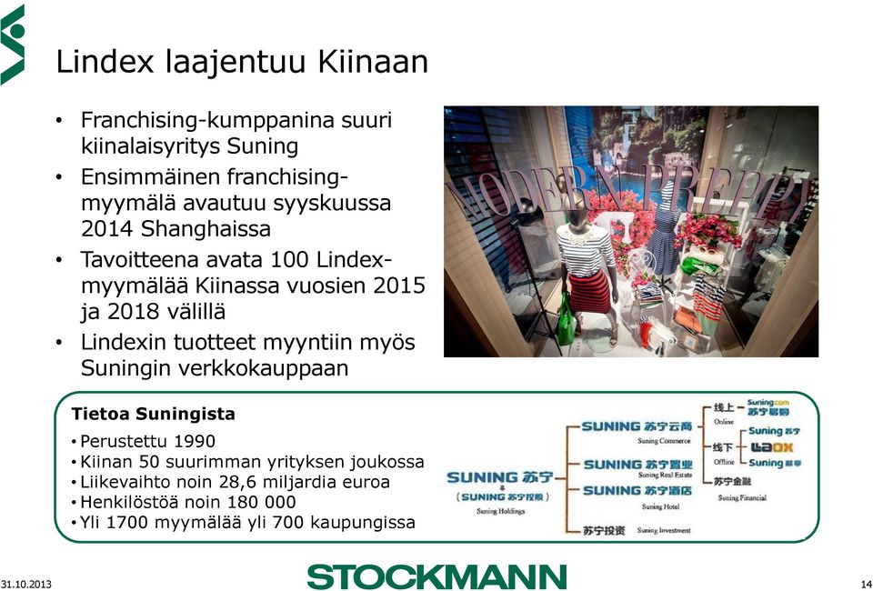 tuotteet myyntiin myös Suningin verkkokauppaan Tietoa Suningista Perustettu 1990 Kiinan 50 suurimman yrityksen