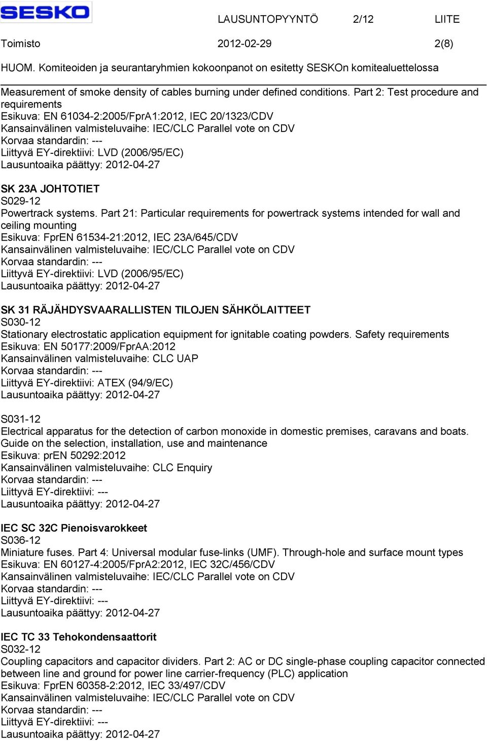 Part 21: Particular requirements for powertrack systems intended for wall and ceiling mounting Esikuva: FprEN 61534-21:2012, IEC 23A/645/CDV SK 31 RÄJÄHDYSVAARALLISTEN TILOJEN SÄHKÖLAITTEET S030-12