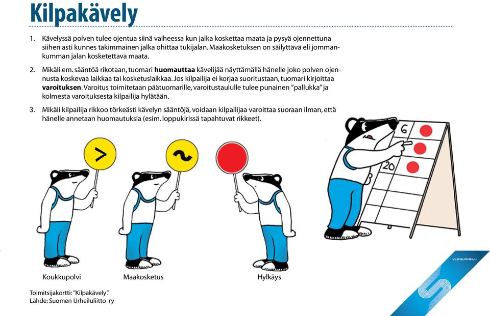 sääntöä rikotaan, tuomari huomauttaa kävelijää näyttämällä hänelle joko polven ojennusta koskevaa laikkaa tai kosketuslaikkaa. Jos kilpailija ei korjaa suoritustaan, tuomari kirjoittaa varoituksen.